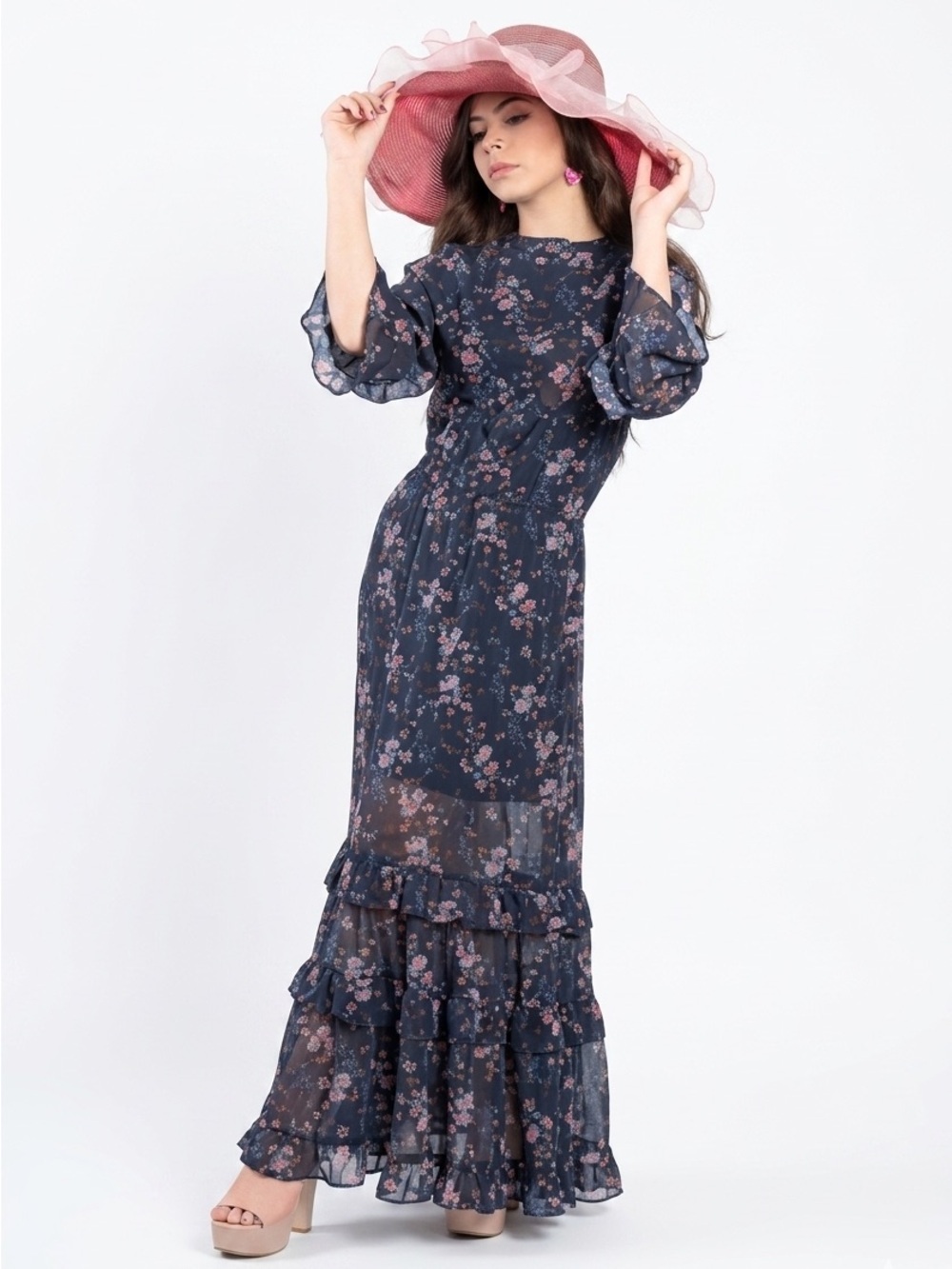 American Eagle Navy Floral Ruffle Hem Chiffon Maxi Dress Size S